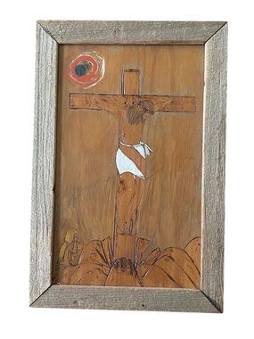 Vintage Jesus Crucifiction Wooden Hand Painted Art Poplar Wood Frame 1973 REPAIR